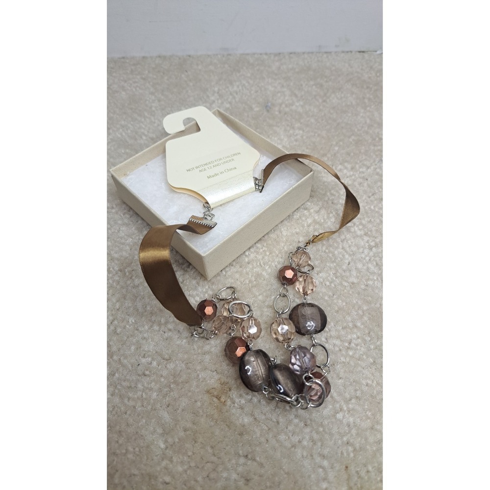 Cato Fashions Statement Necklace Brown Satin Ribbon Beads 10in Drop